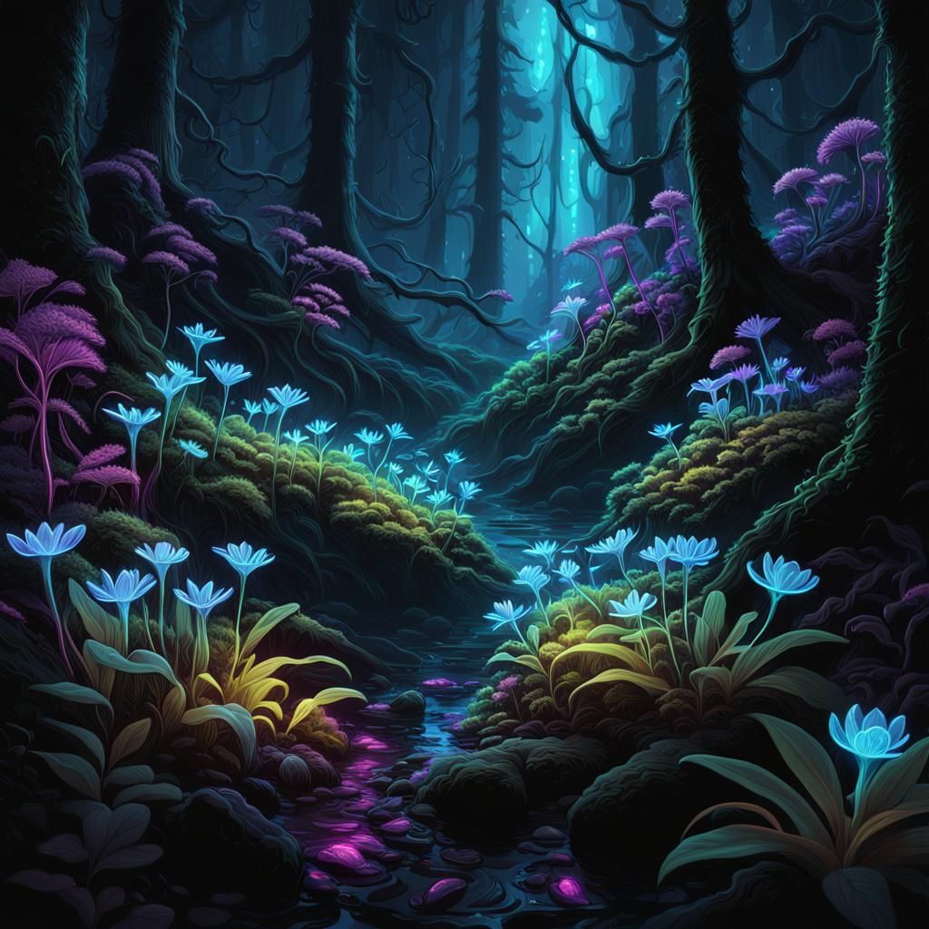 Bioluminescent Plants Light Dark Forest: Neon Concept Art