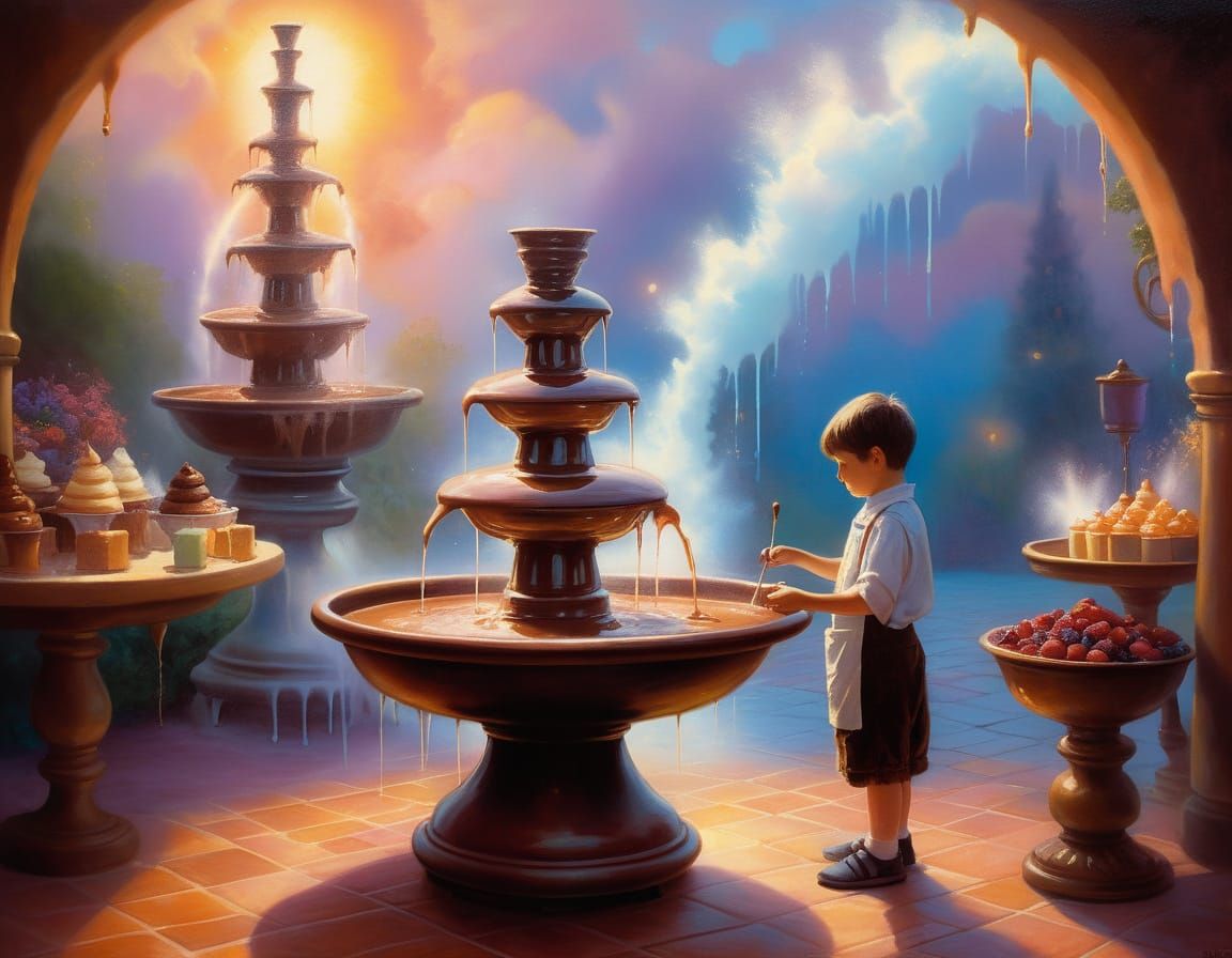 Child Before Chocolate Fountain in Ethereal Fantasy Style