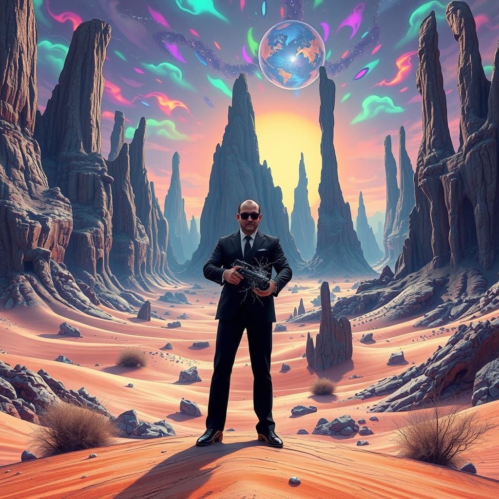 Men in Black in Surreal Psychedelic Desert Landscape