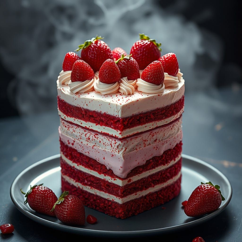 A chilli red layered heart shape cake with strawberry cream