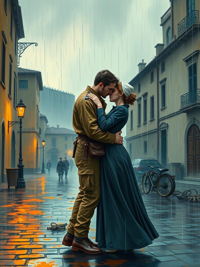 Wartime Lovers Embrace in Rainy Italian Streets