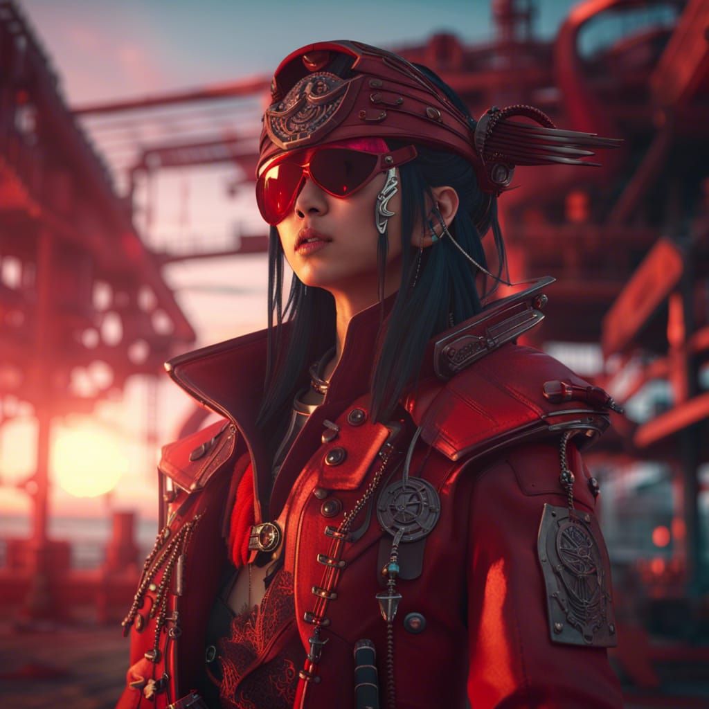 Futuristic Pirate Girl in Synthwave Port Town