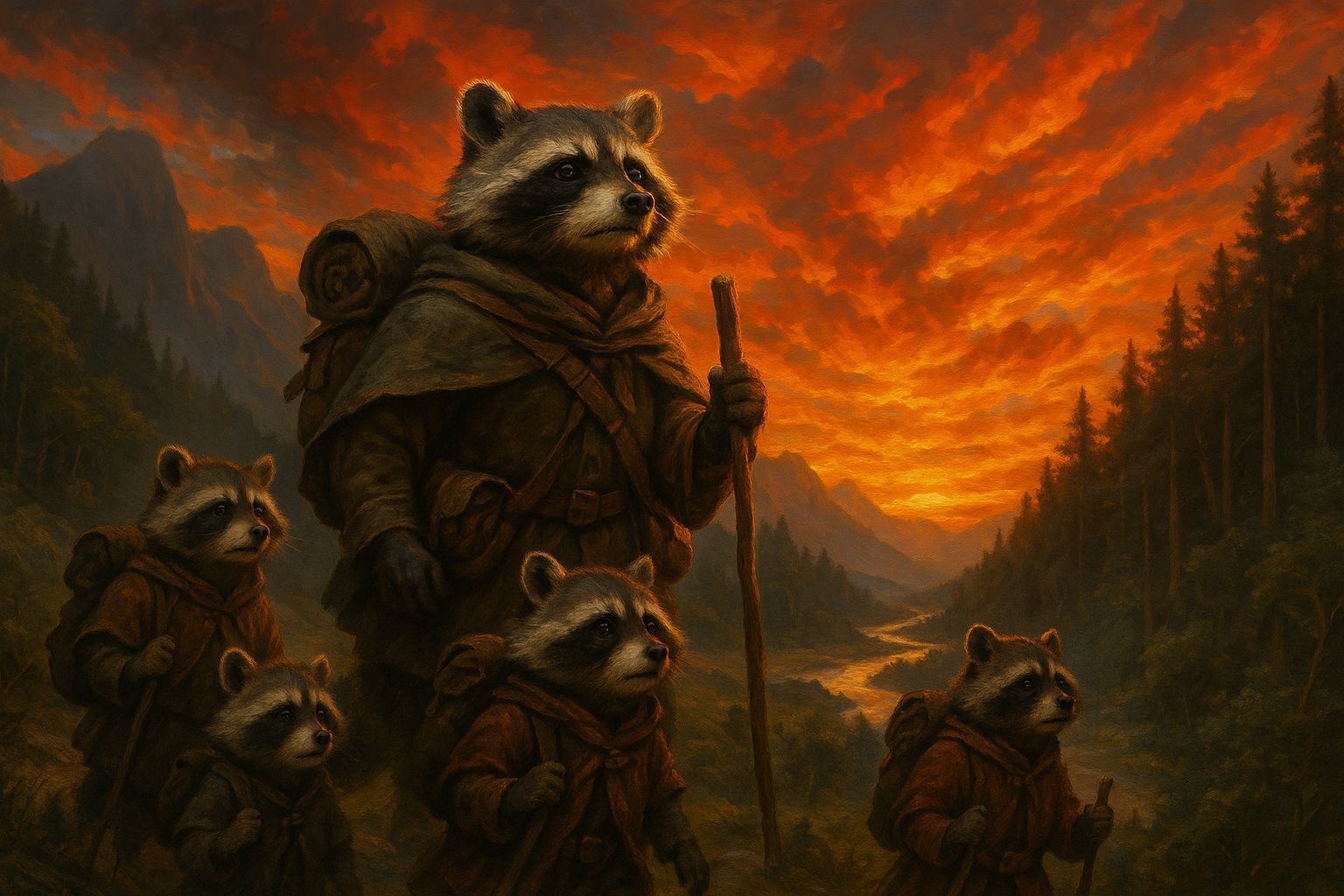 Courageous Raccoon Exodus Beneath a Golden Sunset