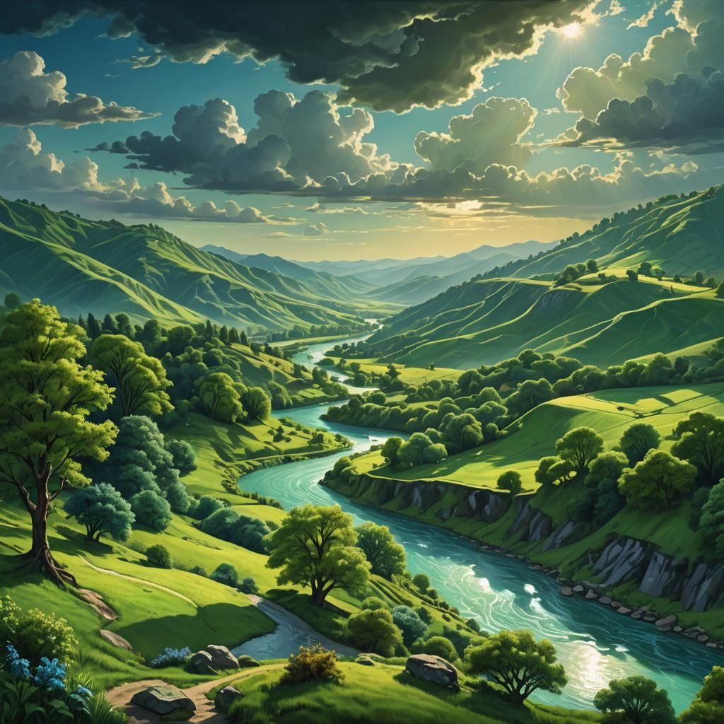 Enchanting Fantasy Landscape with River in Matte Painting St...