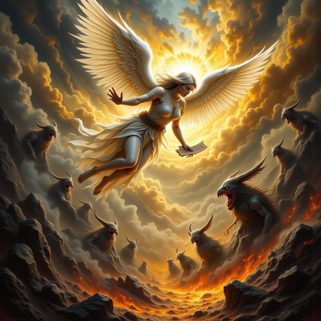 Celestial Angel Descends with Scroll Amidst Cosmic Battle