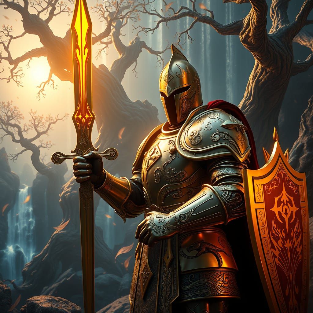 Majestic Knight in Golden Armor with Sword in Dreamlike Land...