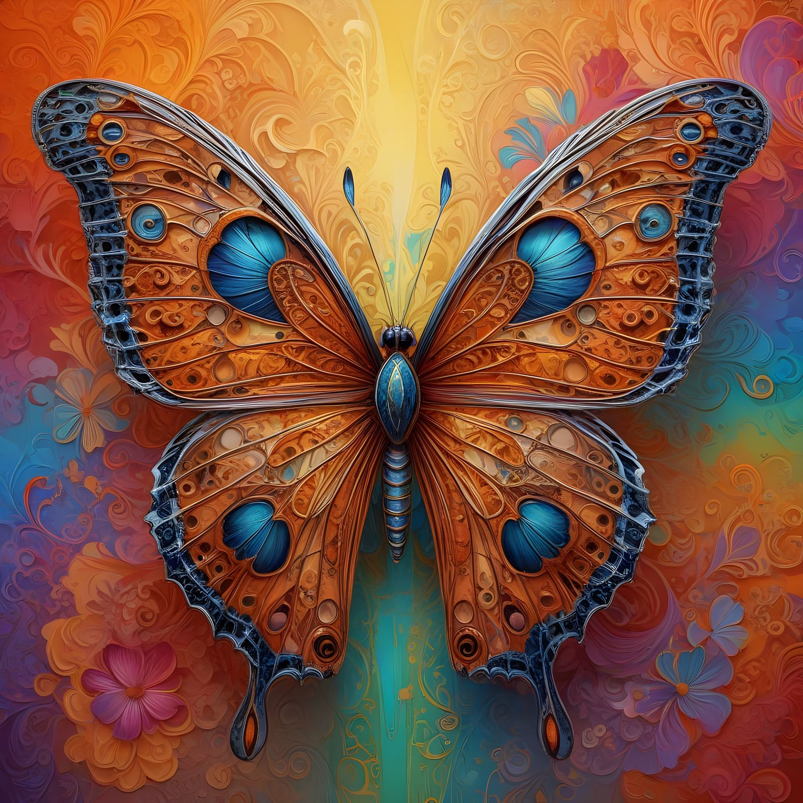 Intricate Carved Butterfly with Neon Floral Design