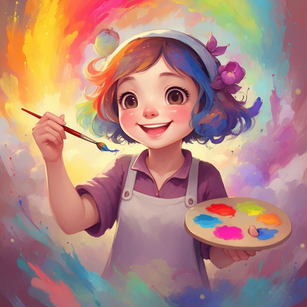 Joyful Whimsical Artist Surrounded by Rainbow Paint