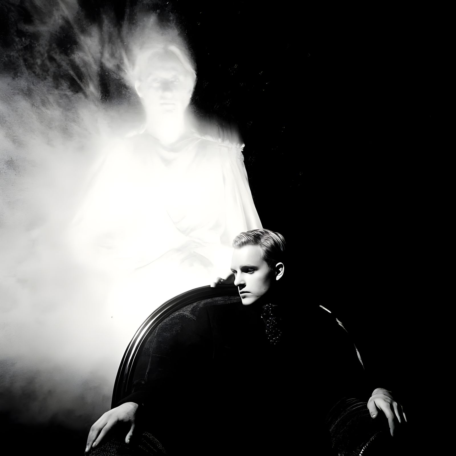 Formal Portrait in Sepia Tone with Ethereal Companion