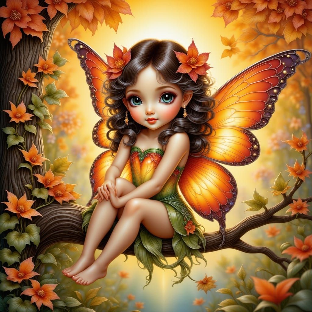 Cute Autumn Fairy with Curly Dark Hair and Red-Orange Wings