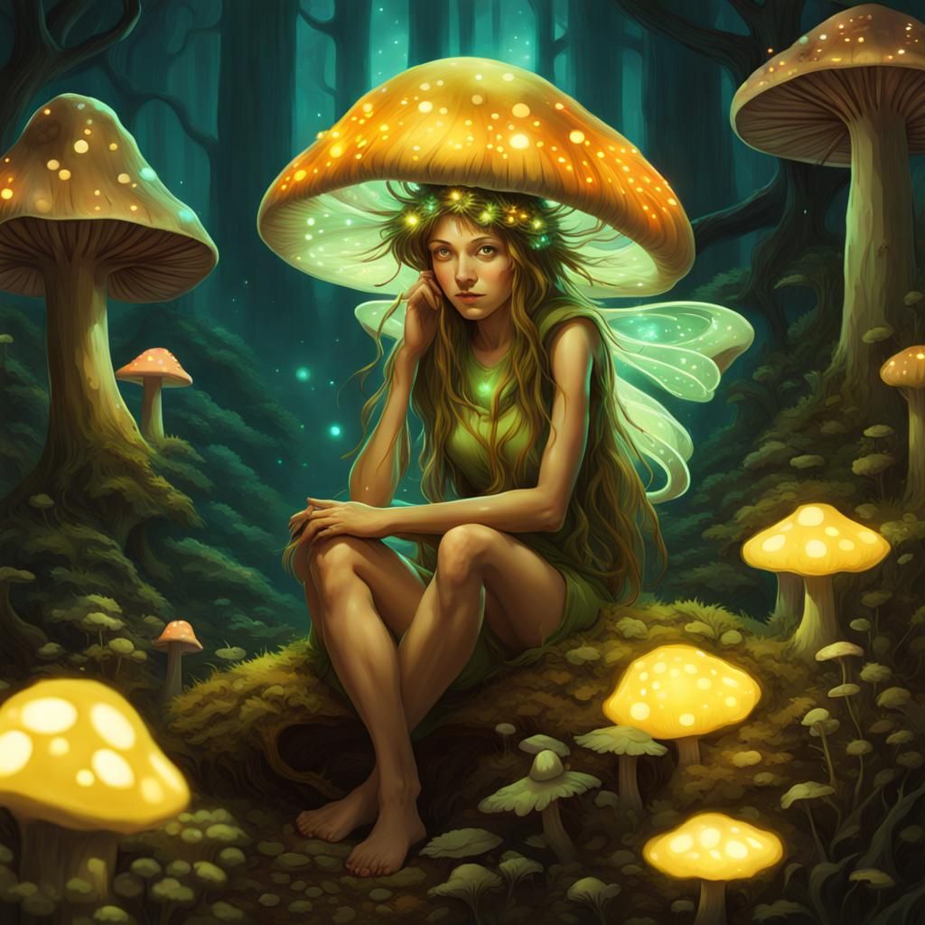 Bioluminescent Fairy on Mushroom in Glowing Forest