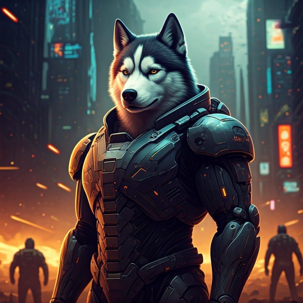 Cyberpunk Husky Soldier in Dystopian Battlefield