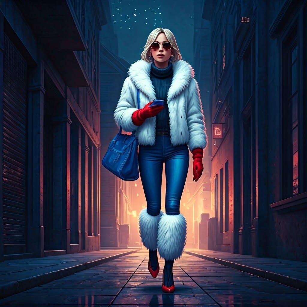 Woman in Fur Jacket Walking Down Alley at Night