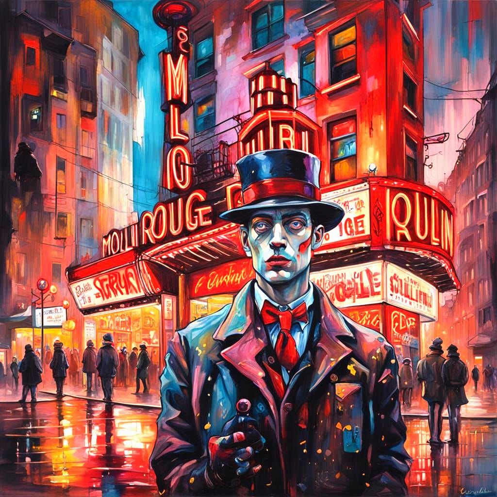 Moulin Rouge: Surreal Cyberpunk Art in Egon Schiele Style