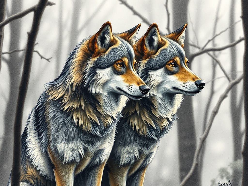 Majestic Wolves in Dreamy Forest Landscape