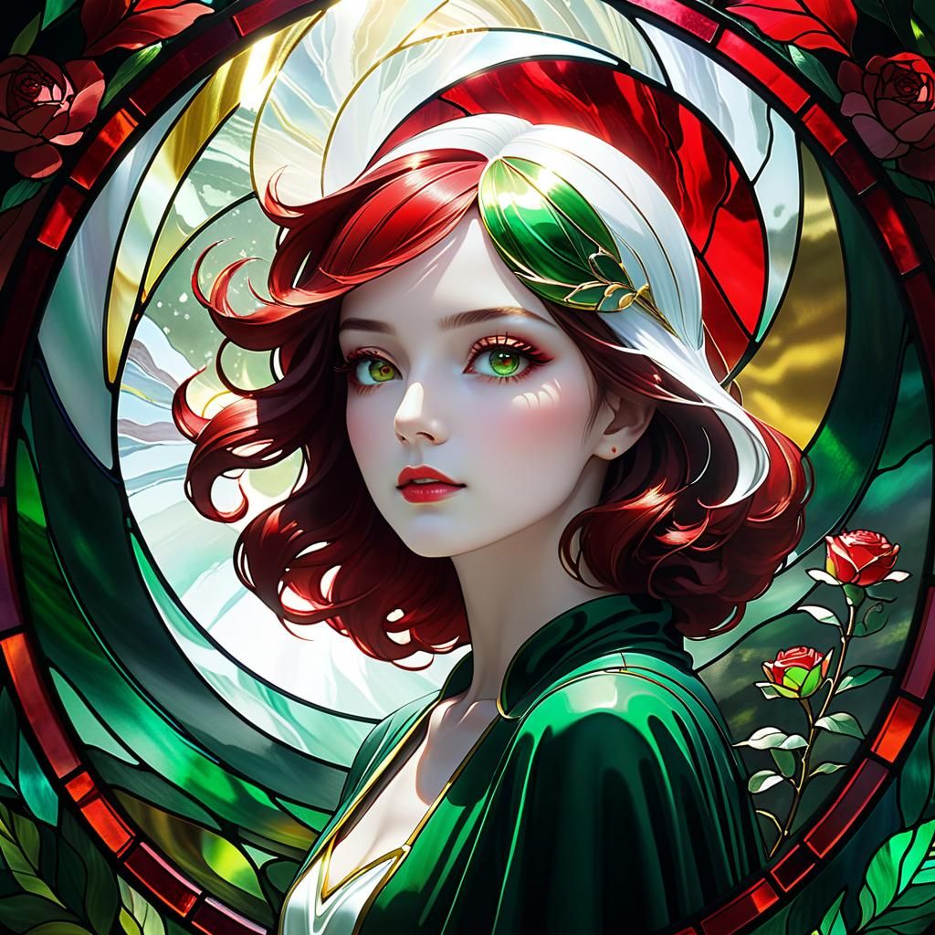 Stained Glass Rose Merging into Mind, Digital Art