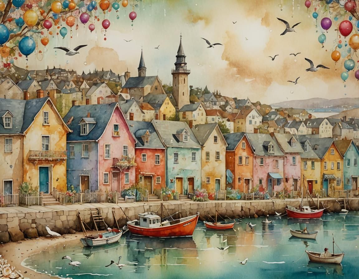 Charming Coastal Village Scene in Mixed Media Style