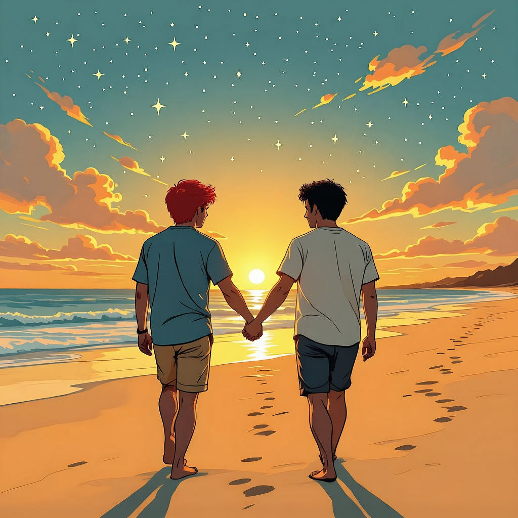 Graphic Novel Sketch: Two Men on Beach at Sunset