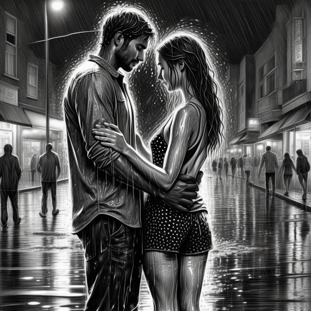 Couple Embraces on Wet City Street: Charcoal Sketch