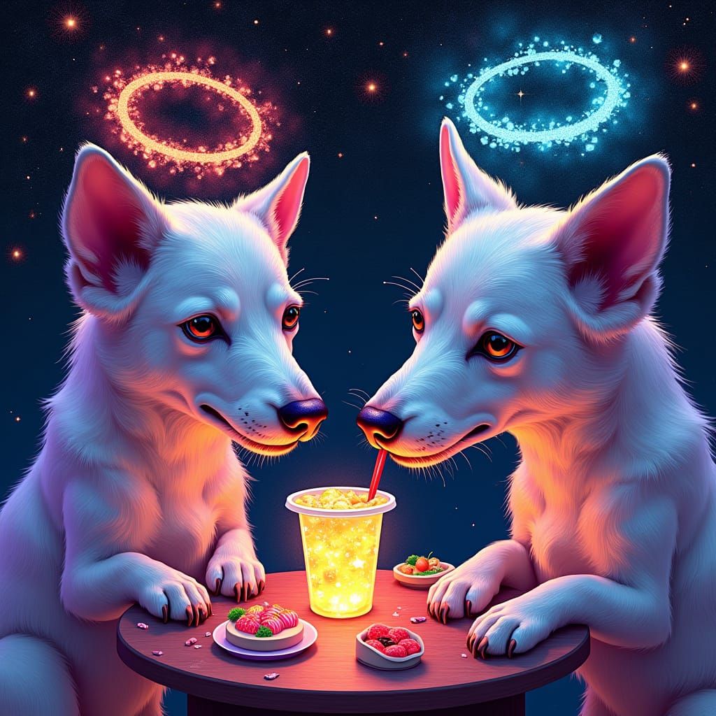 Iridescent Dogs Enjoying Sushi in Astral Landscape