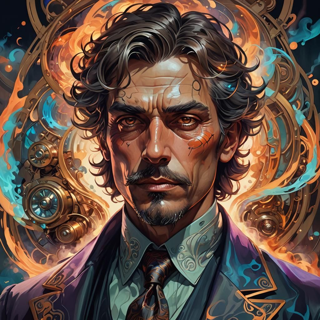 Tense Man with Smoking Wheels in Art Nouveau Style