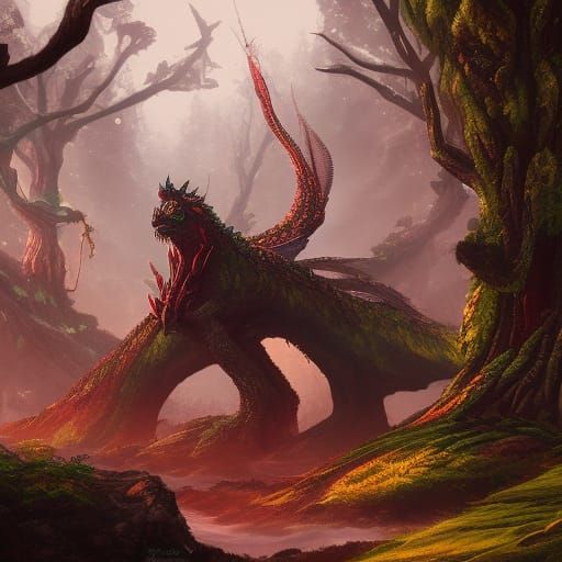 Cosmetic Dragon in Ancient Forest, Digital Art
