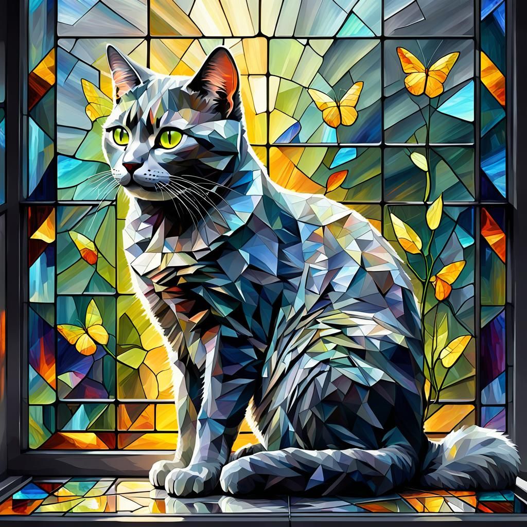 Stained Glass Chartreux Cat in Polygonal Art Style