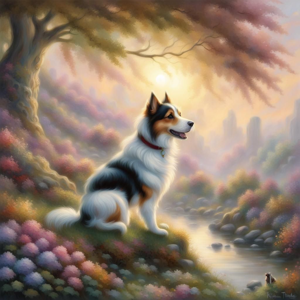 Ethereal Fantasy Dog in Thomas Kinkade Style