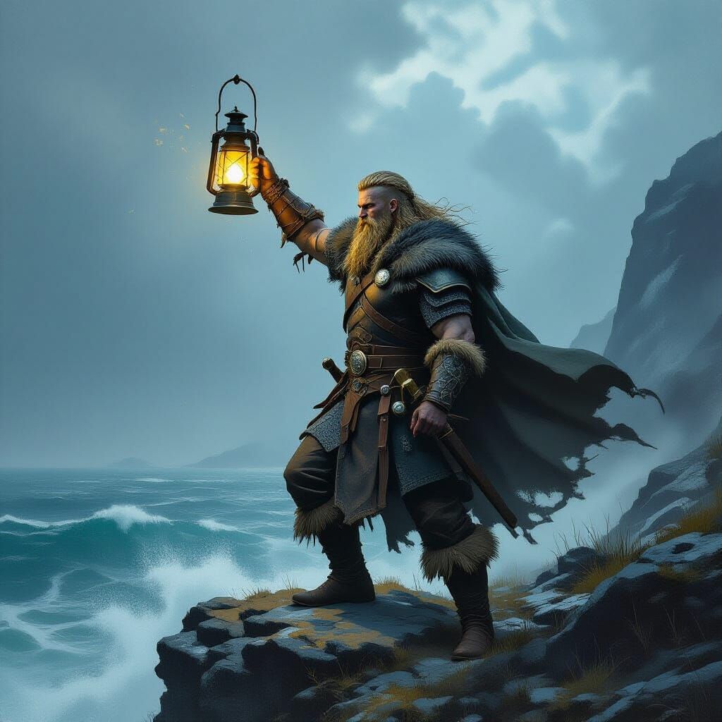 Viking Warrior on Windswept Cliff as Painting