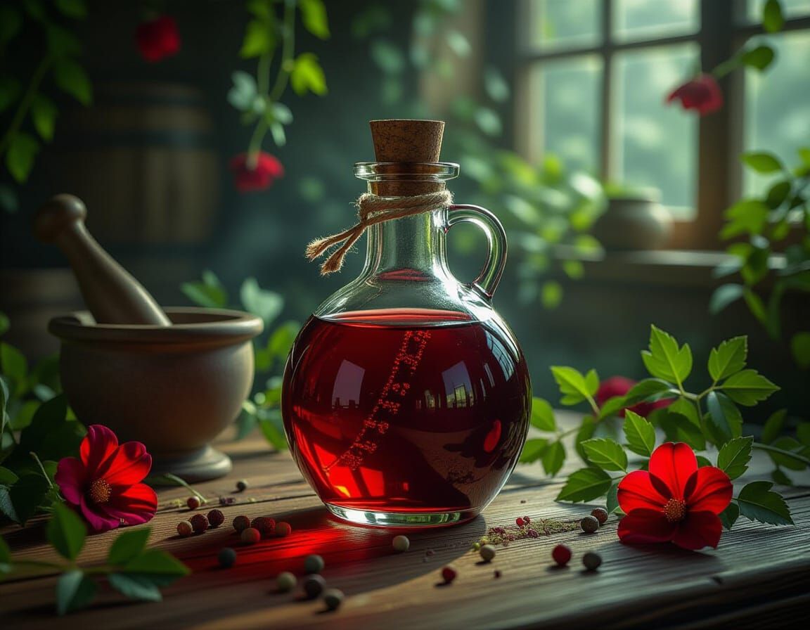 Glowing Red Potion in Medieval Fantasy Oil Painting