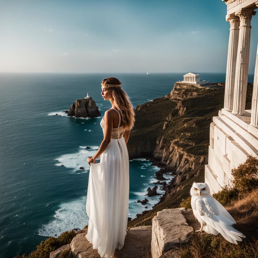 Greek Temple with Goddess and Owl