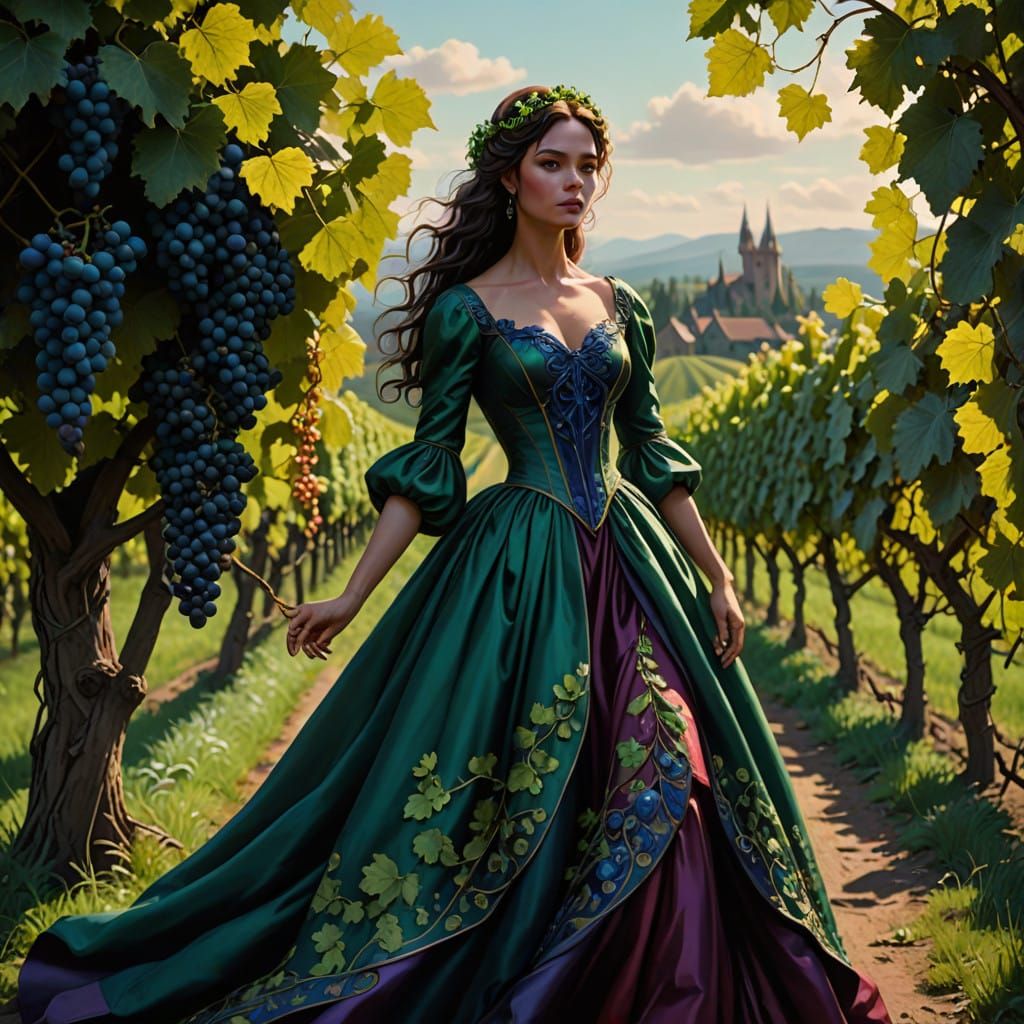 Ethereal Renaissance Heroine amidst Lush Vineyard Fantasies