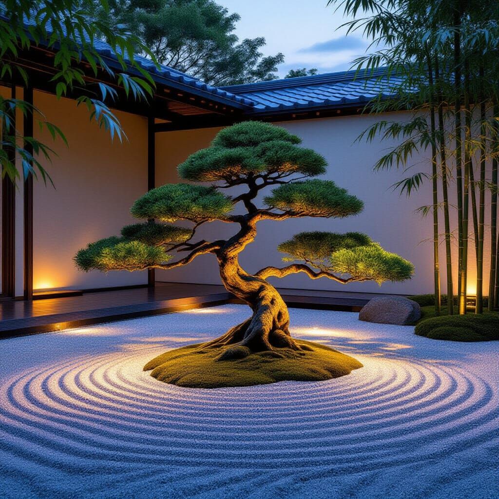 Zen Garden Bonsai at Twilight: Minimalist Serenity