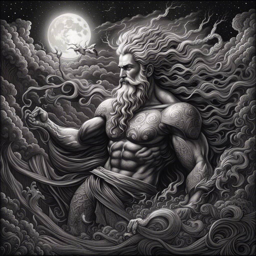 Detailed Ink Drawing: Zeus with Thunders