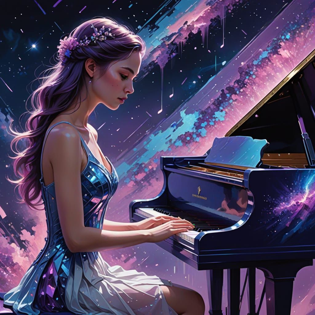 Woman Plays Purple Piano in Sci-Fi Nebula