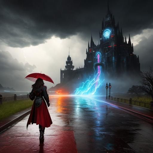 Woman with Red Umbrella in Rainy Thunderstorm