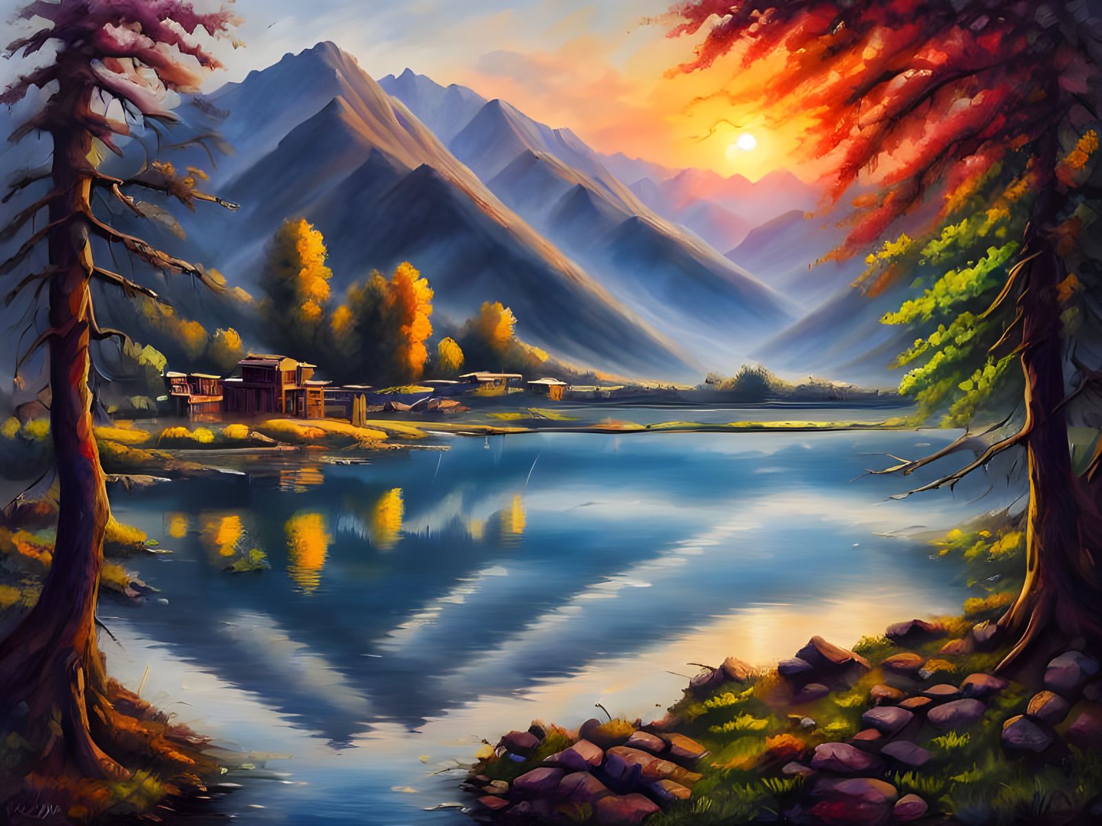 Kashmir Mountain Lake in Hyperrealistic Oil Painting