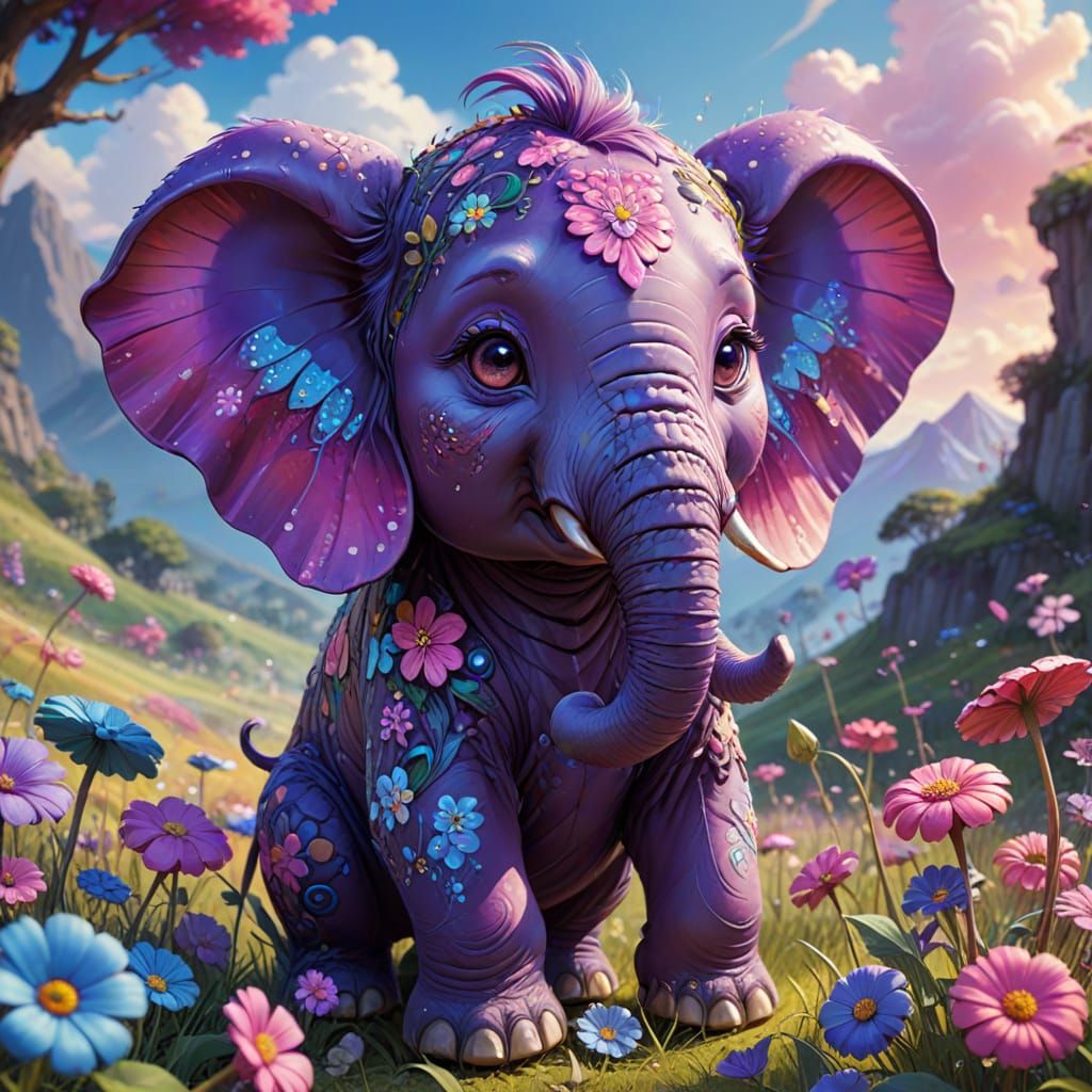 Psychedelic Chibi Elephant in Candyland Meadow