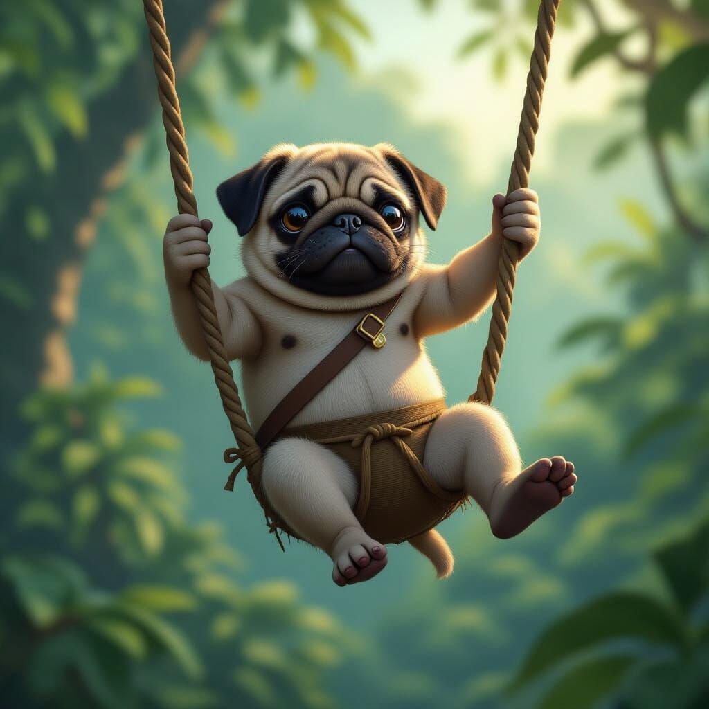 Pug as Tarzan Swinging on a Vine