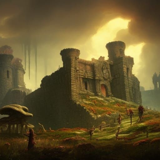 Medieval Castle Ruins and Mythical Mushrooms