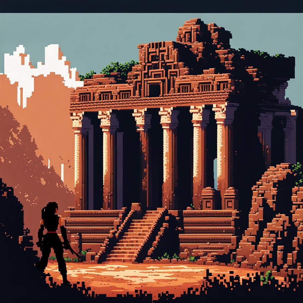 Lara Croft Pixel Art at Temple Ruins