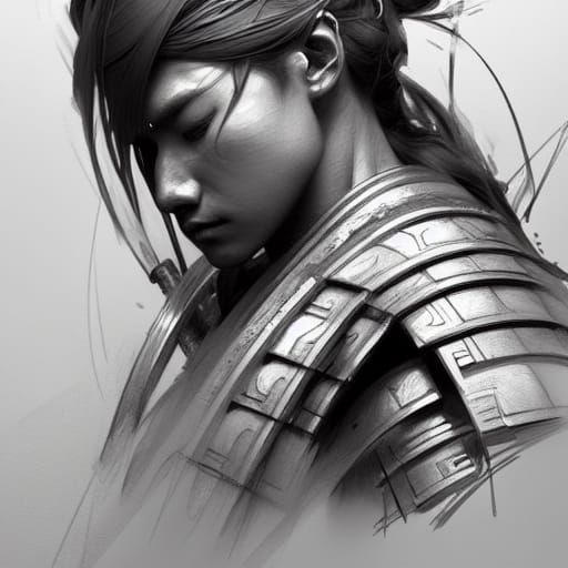 Samurai Resting After Battle: Pencil Sketch Portrait