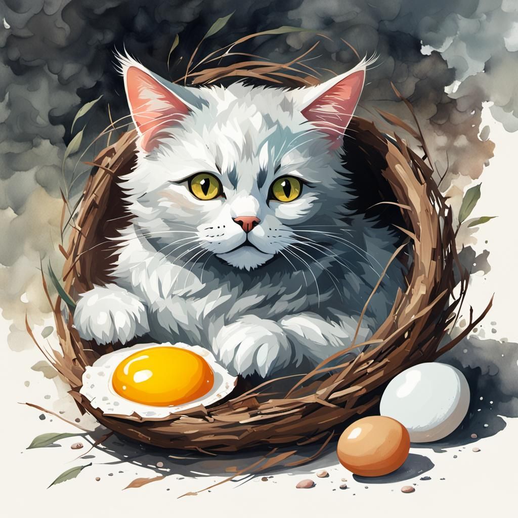 Cat in Sparrow Nest: Watercolor Impasto Painting