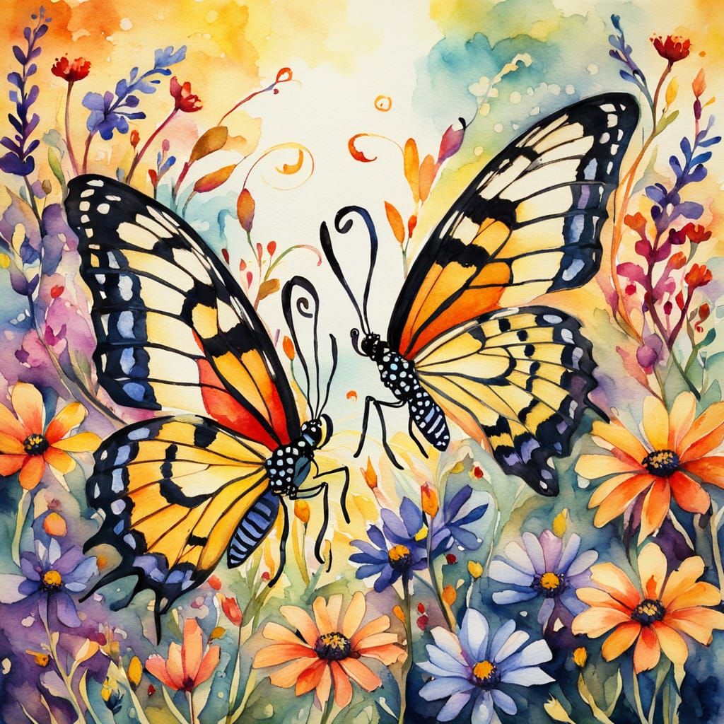Watercolor Butterflies and Flowers in Fauvist Style