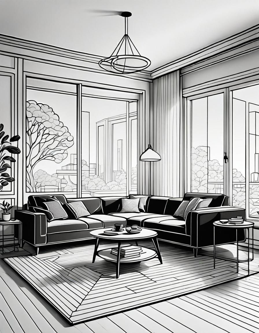 Modern Living Room in Coloring Book Style