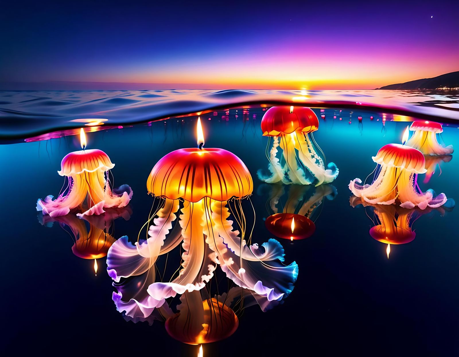 у_dance of jellyfish in the sea at sunset