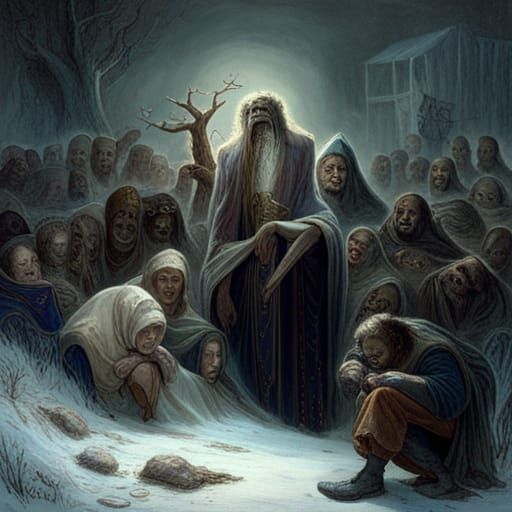 Scary Big-Headed Monster in a Snowy Crowd