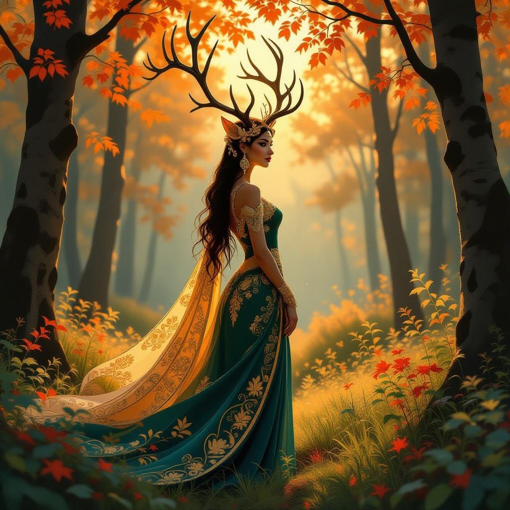 Mystical Deer Woman in Klimt Style Autumn Forest
