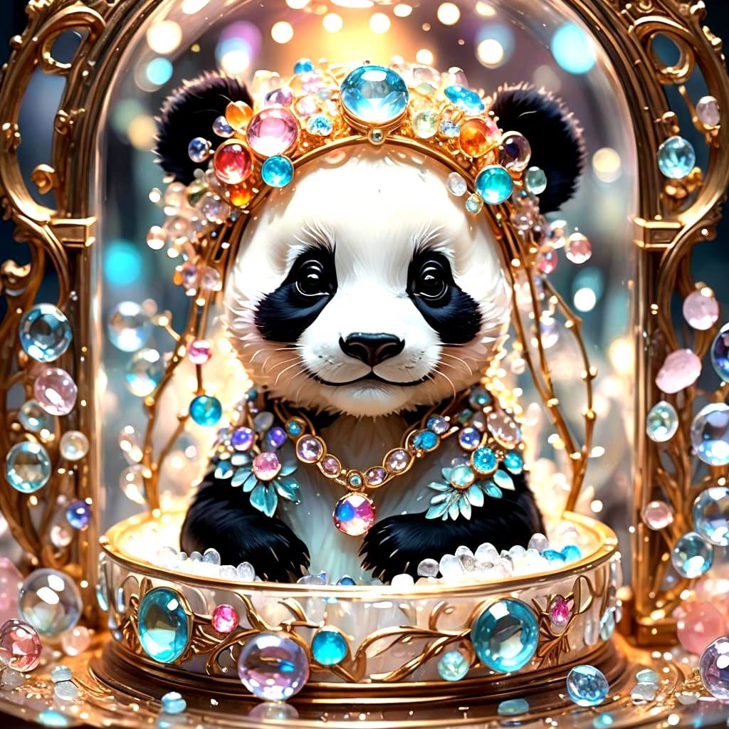 Enamelled Panda Portrait with Glowing Jewelry, Art Nouveau