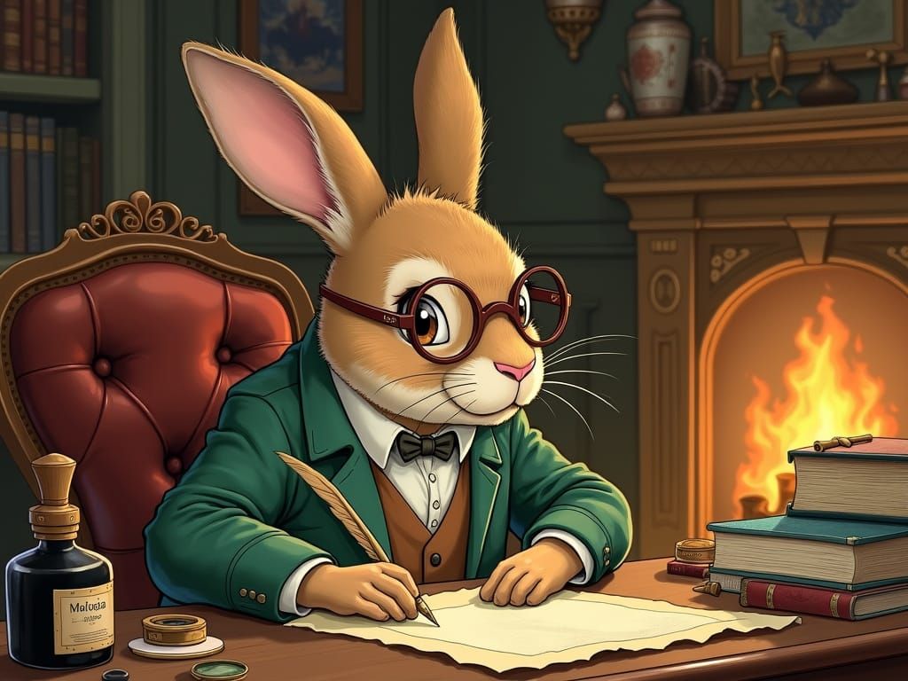 Steampunk Rabbit Scholar in Cozy Study